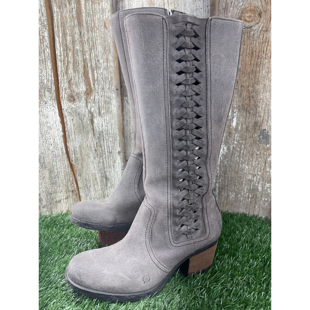Born Ochoa Bohemian Gray Full Grain Leather Knee Tall Boot Block Heel Women's 9